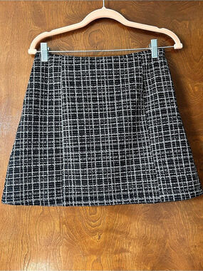 CUPSHE Black & White Tweed Plaid Mini Skirt with Front Slit